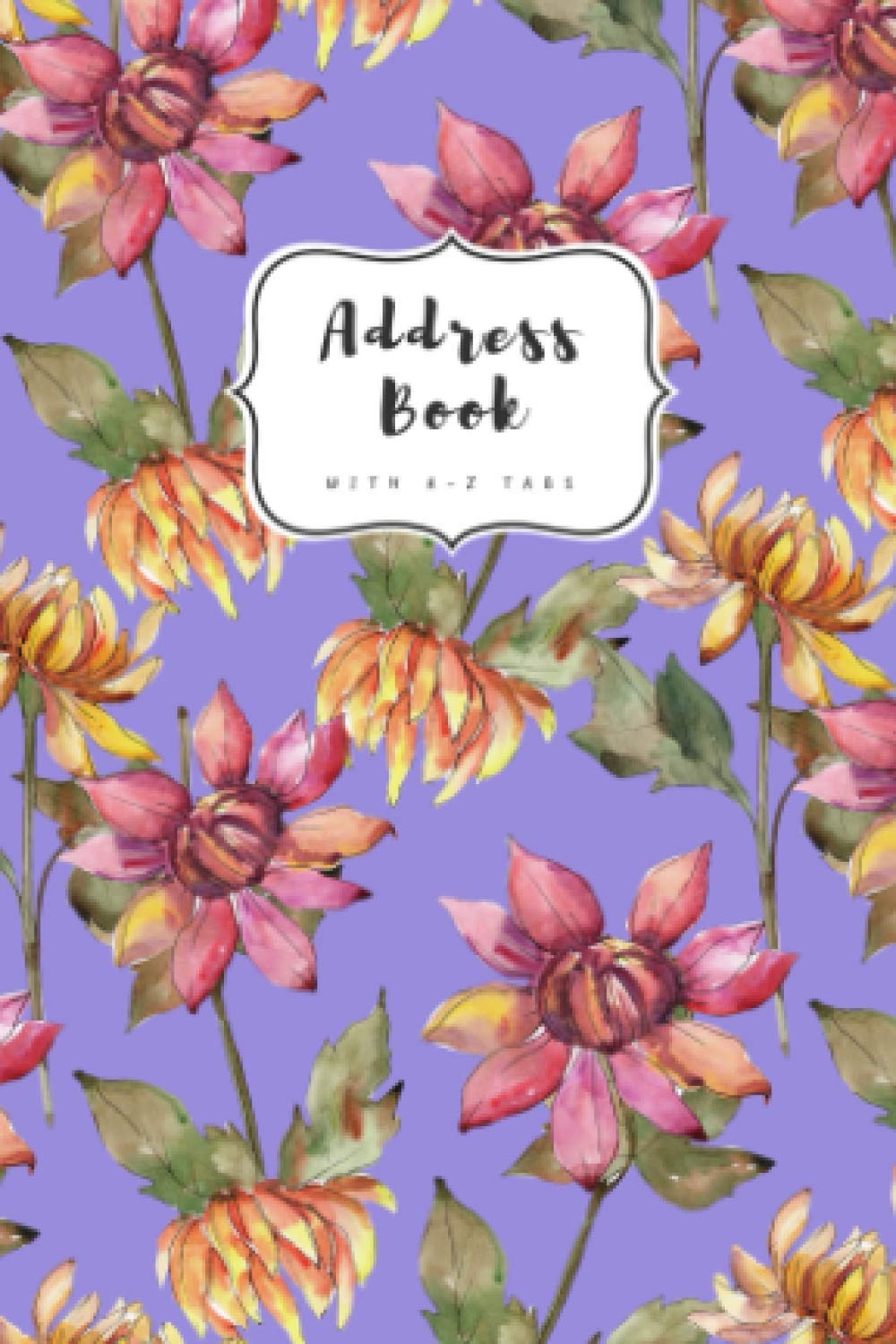 Address Book with A-Z Tabs: 4x6 Contact Journal Mini | Alphabetical Index | Watercolor Botanical Aster Flower Design Blue-Violet