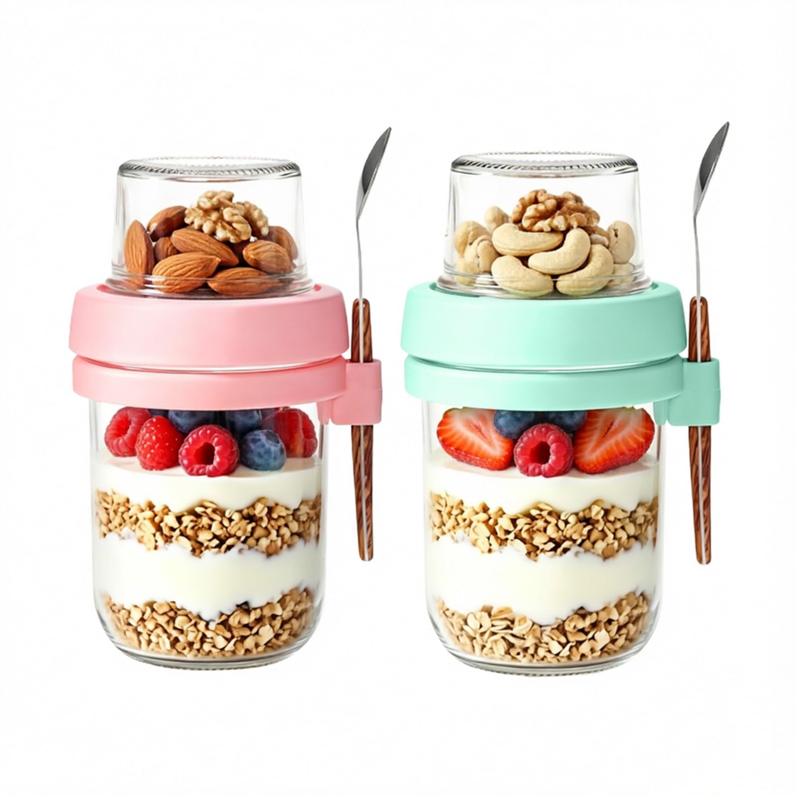 Juego de 2 vasos de cereales para llevar, 480 ml + 120 ml, vasos de yogur para llevar, vasos de preparación de comida, smoothie Bowl, vasos de avena para trabajo, escuela y viajes, color