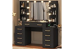 Black Vanity with Glass Top - Modern Makeup Vanity with 9 Drawers and 6 Shelves