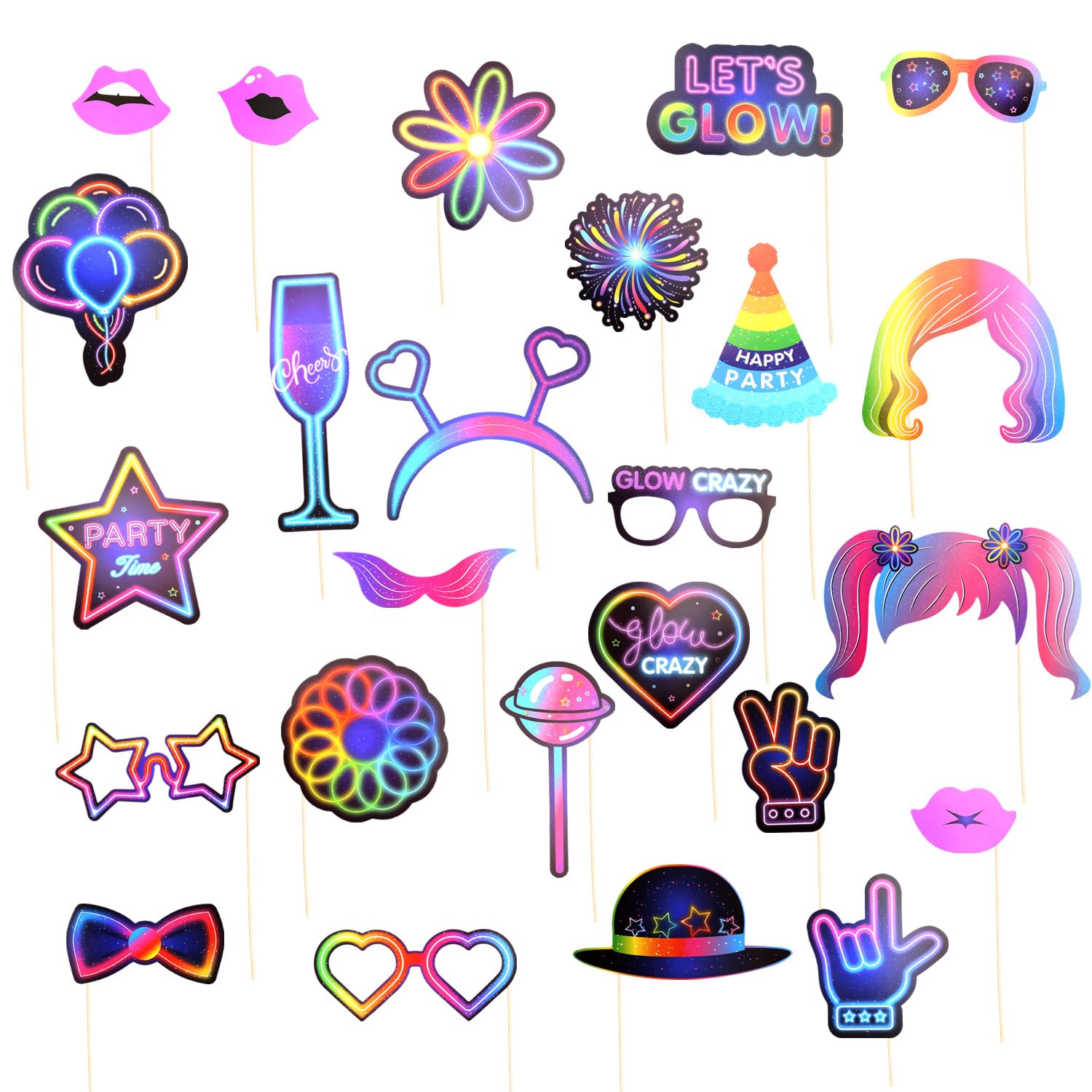 Wellrun 25PCS Neon Glow Party Photo Booth Props Kit,Glow Party Accessories for Birthday,Disco,Halloween,Carnival,Christmas