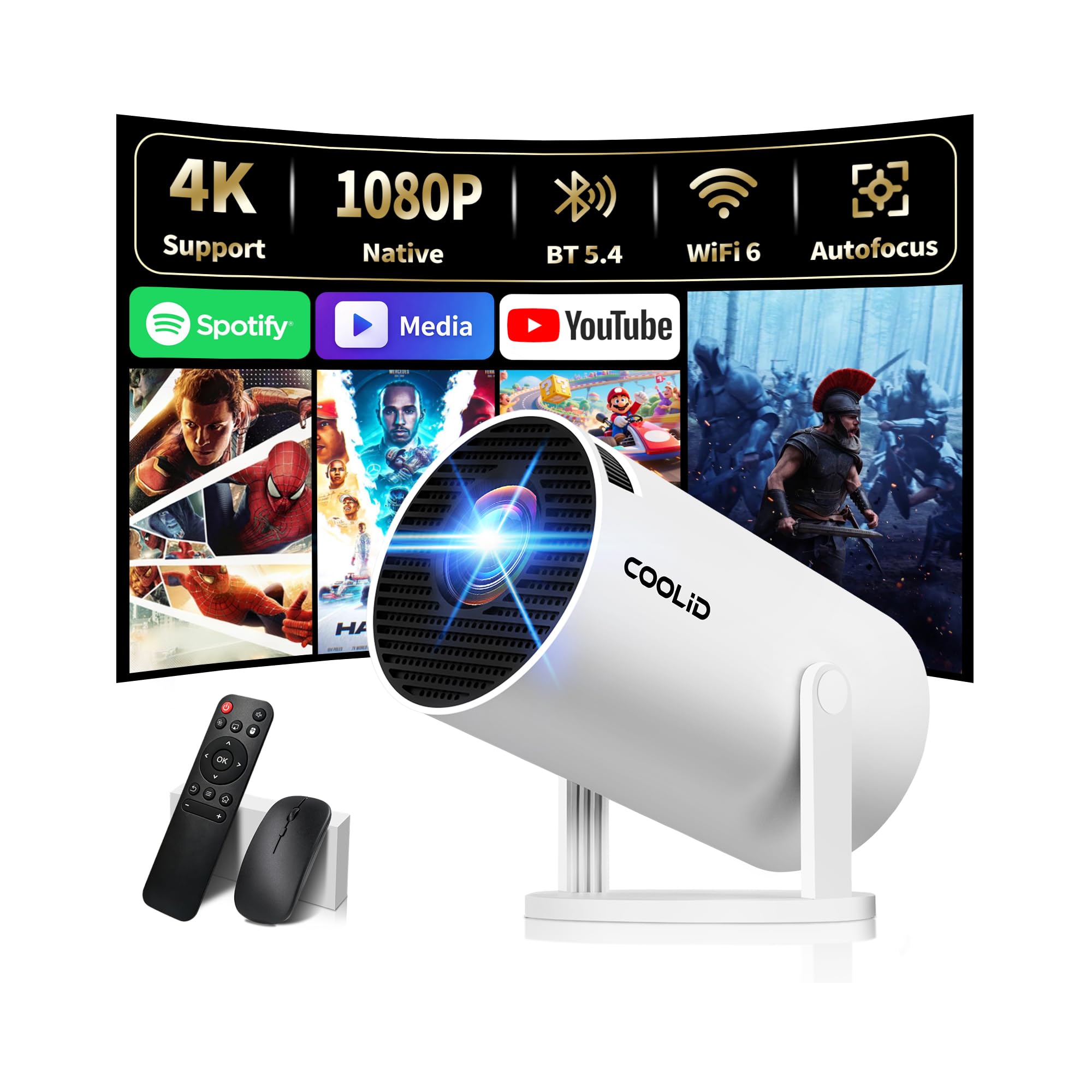 [Built-in Apps &amp; 2026 Upgraded] Mini Projector Support 4K 1080P Auto Keystone 180° Rotatable with WiFi 6 and Bluetooth 5.4, Projector Portable Compatibile with HDMI/TV Stick/Memory Stick/Laptop-White
