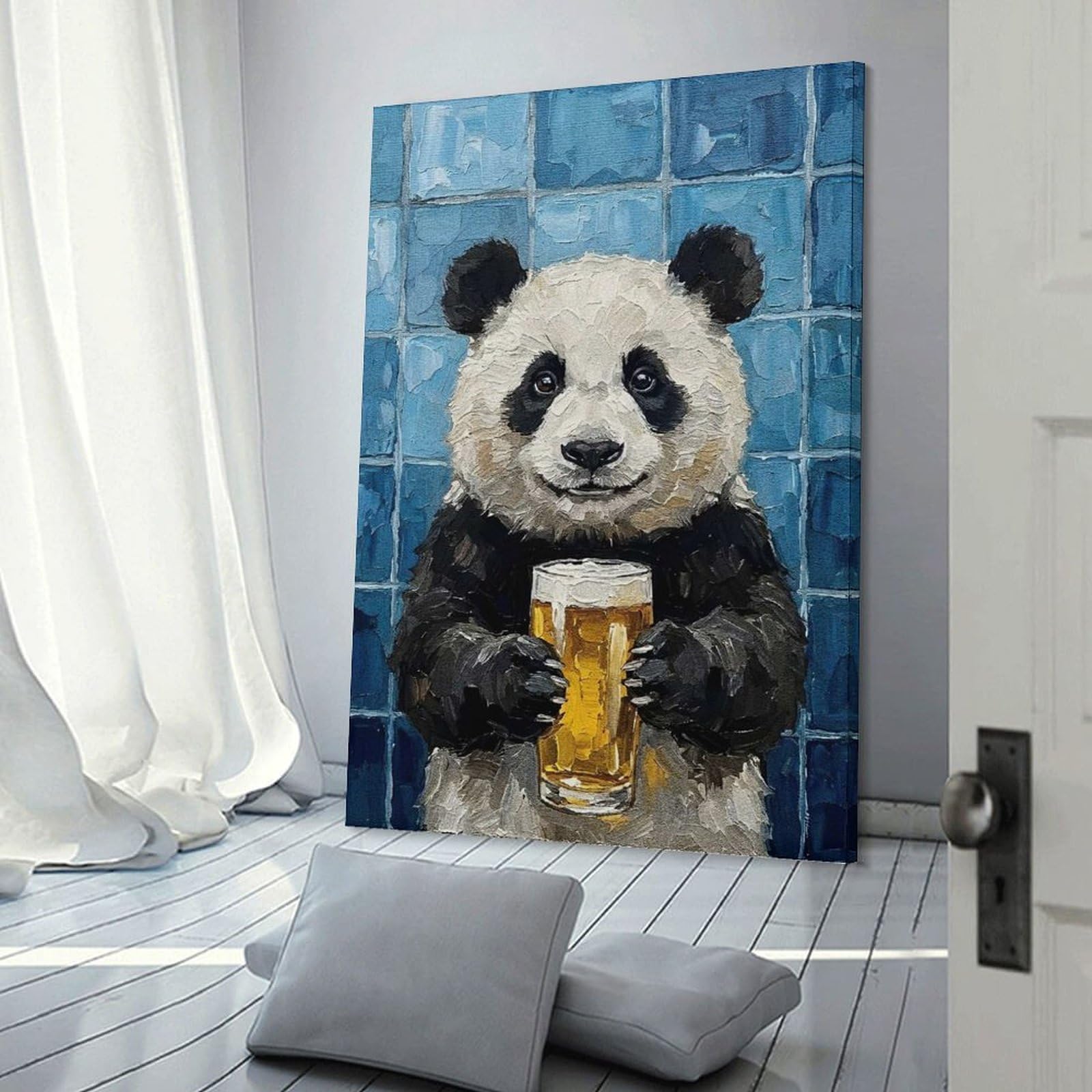 Junmoney Frame-Style-15 Panda With Beer Painting Wall Picture Print, 24X36inch(60X90cm), For Lounge, Study, Hallway Or Flat Walls, Canvas Wall Art That Fits Changing Layouts
