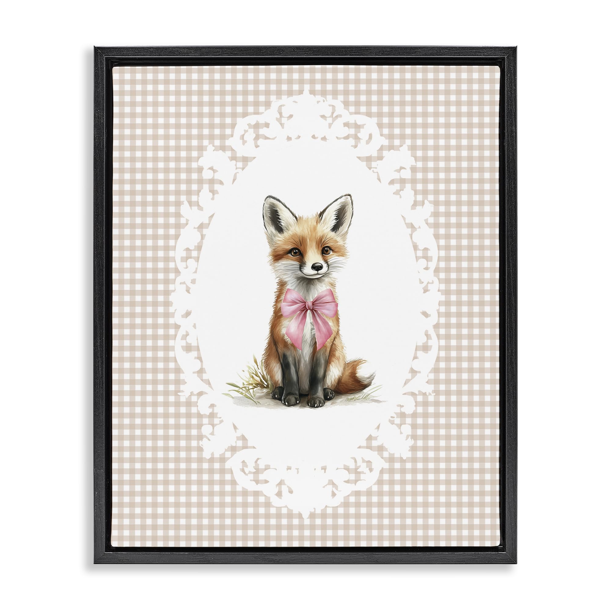 Stupell Industries Vintage Bow Fox Gingham 'Vintage Bow Fox On Gingham', Floating Frame Canvas Art, Black, 25 X 31 Inches, Easy To Hang And Sturdy, Made In Usa, By Christine Simpson Art