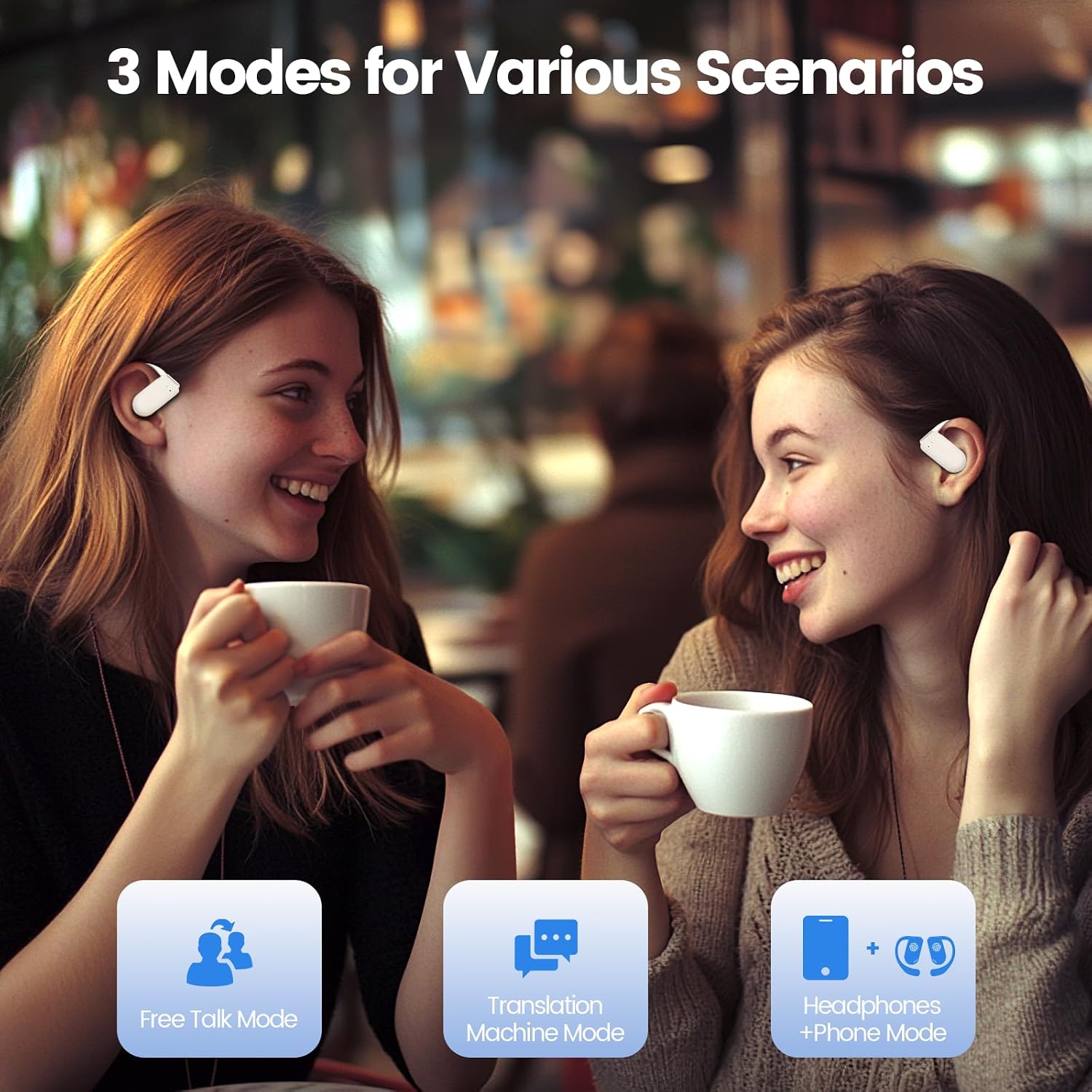 Two people conversing, with icons for Free Talk Mode, Translation Machine Mode, and Headphones + Phone Mode.