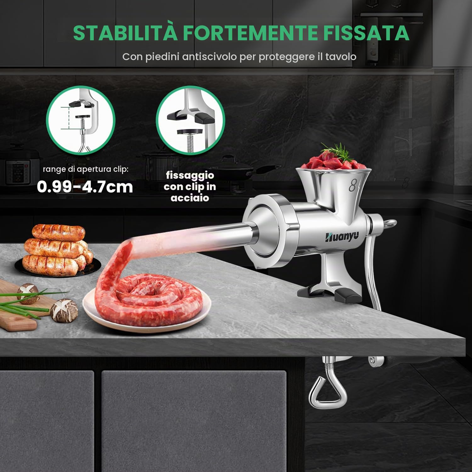 Huanyu Tritacarne in Acciaio Inox con Salsiccia - Tritacarne Manuale Lavabile per Manzo, Maiale e Verdure - M8