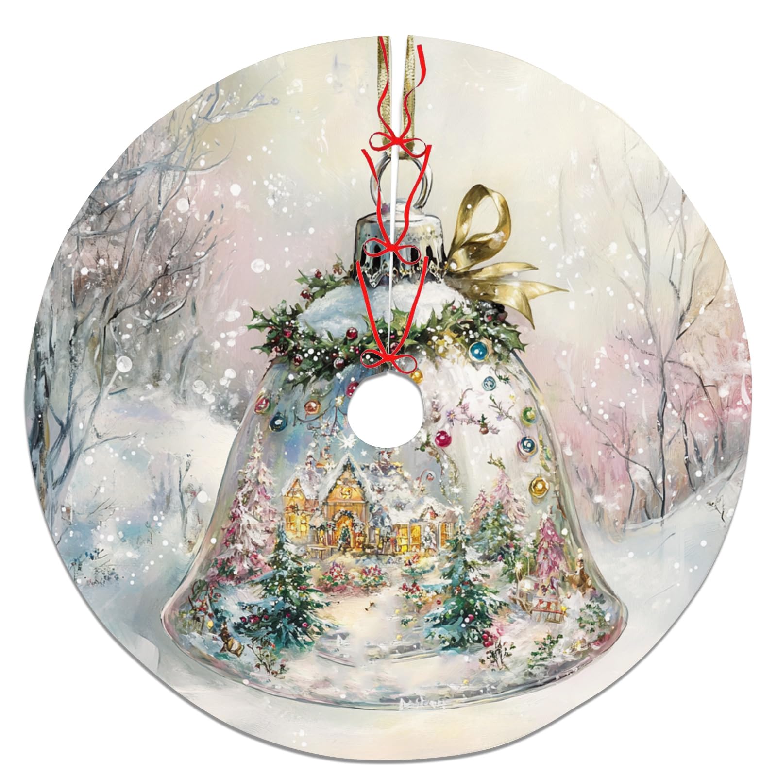 Snowy Village Christmas Tree Skirt, Elegant White Fabric Tree Skirt for Winter Home Decoration, Xmas Holiday Party Decor Indoor Outdoor 48 Inch