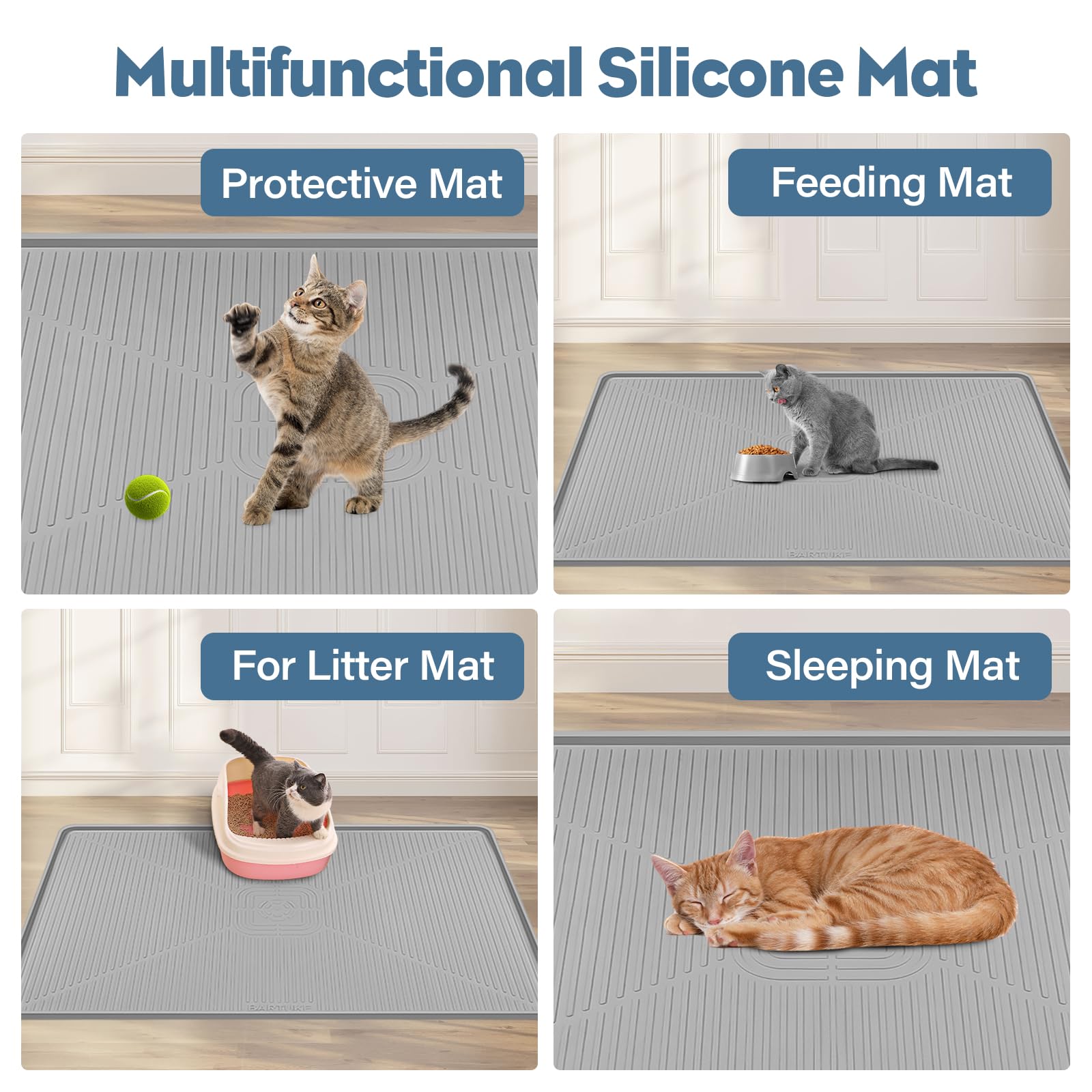 Kalolary Alfombra Arenero para Gato – Tapete de Silicona Impermeable, Antideslizante y Suave, Fácil de Limpiar, Multiuso para Arenero, Comedero, Cocina (Gris Clair, 45'' x 30'')