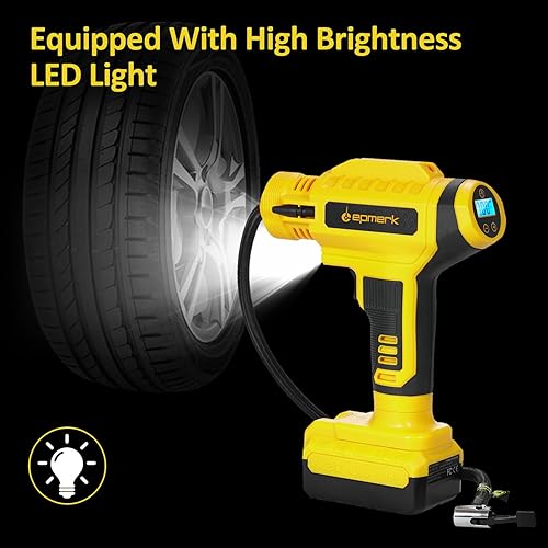 Miniatura 6 de Inflador de neumáticos bomba de aire inalámbrica con medidor de presión, 150 PSI, batería recargable de 20 V 10000 mAh, base de cargador de coche