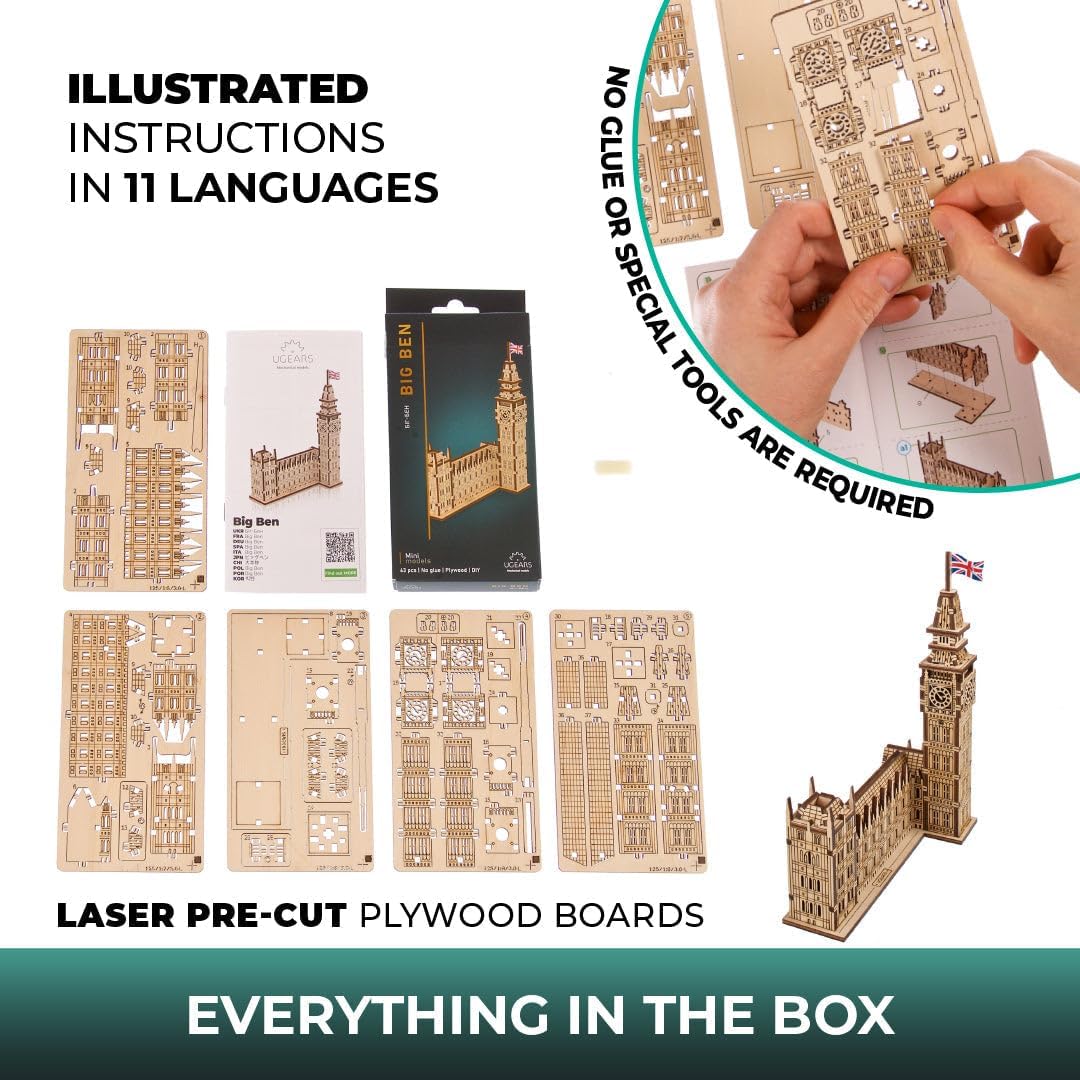 Ugears Big Ben 3D Puzzle, 63-Parts, 7.12-Inch, Brown