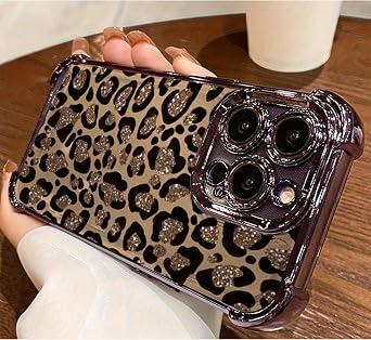 High-End Shiny Brown Leopard Print Four-Corner Shockproof Phone Case Suitable for iPhone 17/16/15 Pro Max Purple,17