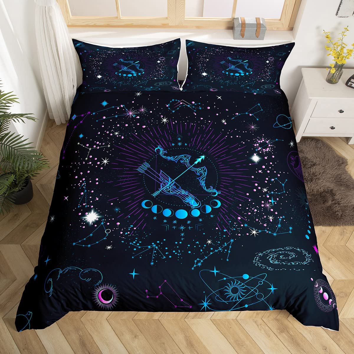 Homewish Boys Multi 19 Sagittarius Duvet Cover Double Hippie Nebula Bedding Set, Trippy Zodiac Astrology Comforter Cover Psychedelic Outer Space Bed Set, Pink Galaxy Bedding Breathable Soft, Neon Blue (Zipper Closure)