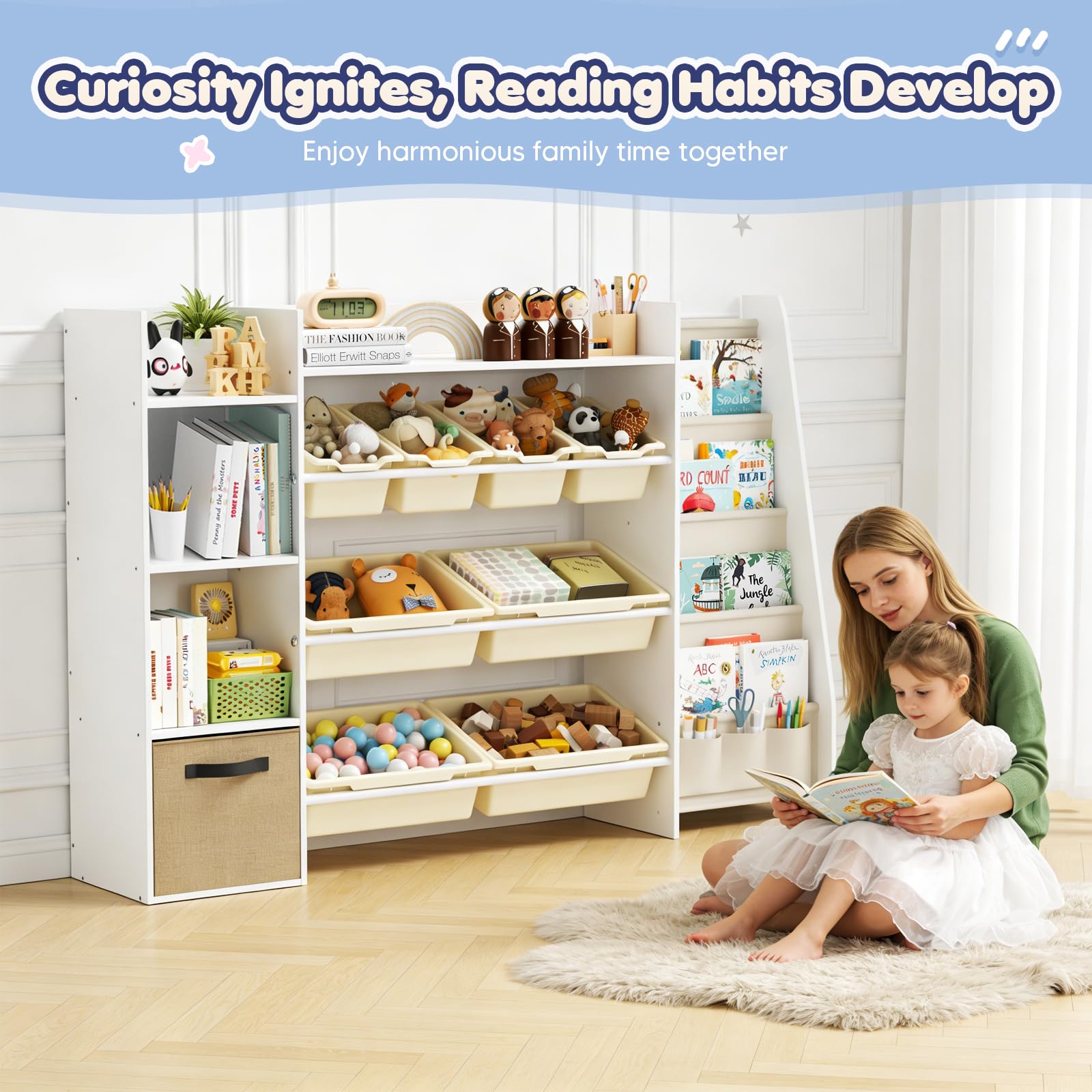Kinderregal, Holz-Bücherregal mit 8 Aufbewahrungsboxen, Kinderzimmermöbel mit Spielzeugkiste für Schlafzimmer, Wohnzimmer, Arbeitszimmer, 147 x 30 x 100 cm, Weiß