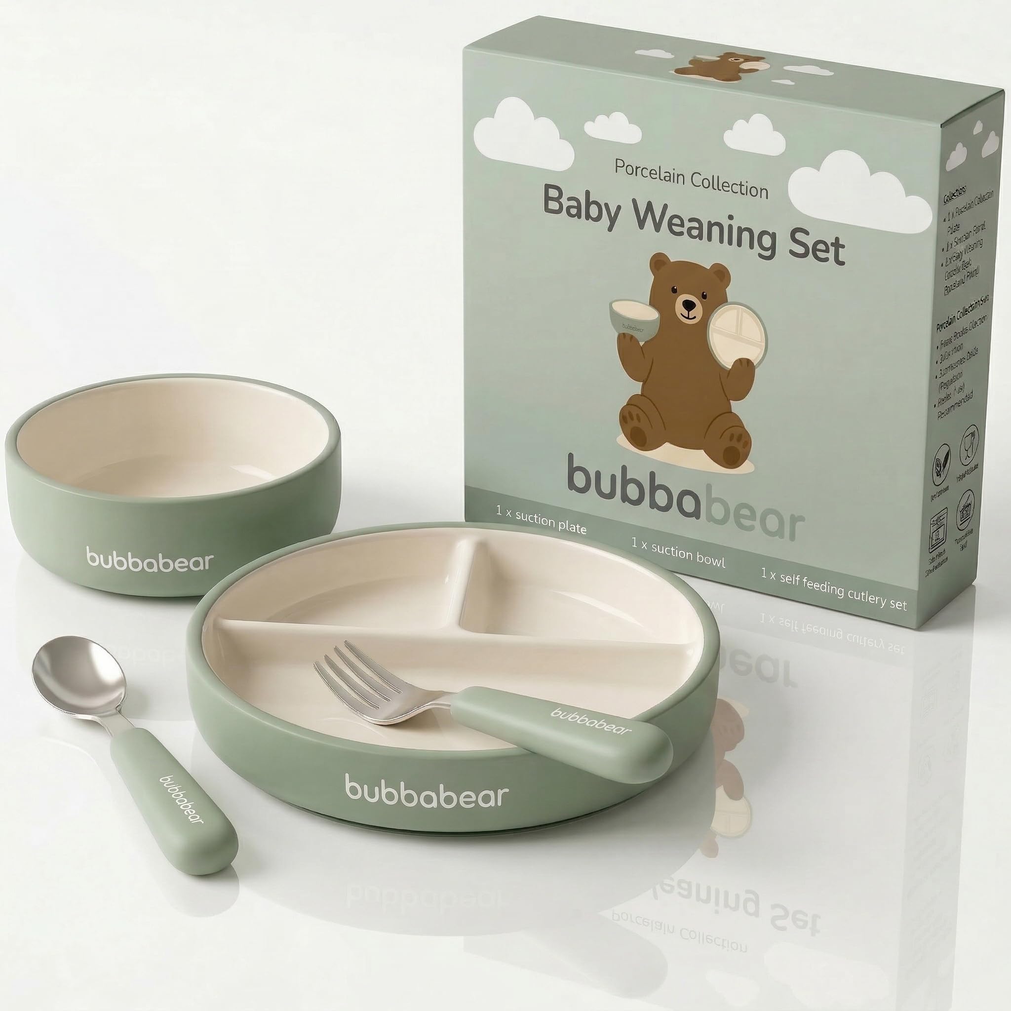 Bubba Bear Baby Porcelain Set for Weaning | Suction Plate, Bowl & Feeding Cutlery for Babies | Toddler Stay Put Food Bowls & Plates Sets | Non Slip Silicone Sleeve for Toddlers & Kids (Sage Green)