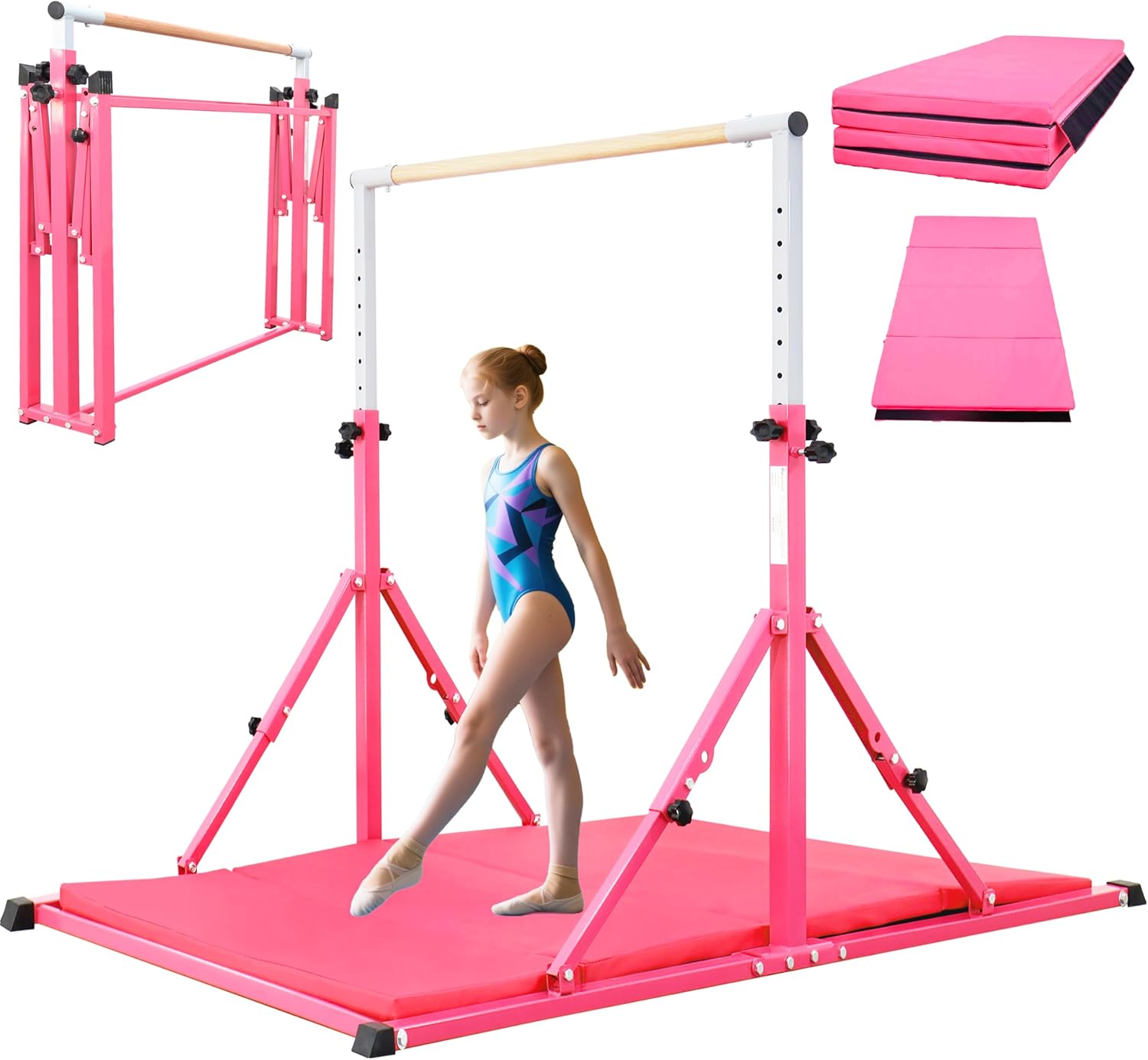PreGymnastic Foldable Gymnastics Bar, 5.6FT Folding Horizontal Bars for Kids Ages 3-12, Weight Limit 350 LBS, Adjustable kip Bar, Children Home Gym Equipment Indoor