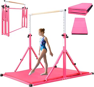 Foldable Gymnastics Bar, 5.6FT Folding Horizontal Bars for Kids Ages 3-12, Weight Limit 350 LBS, Adjustable kip Bar, Children Home Gym Equipment Indoor