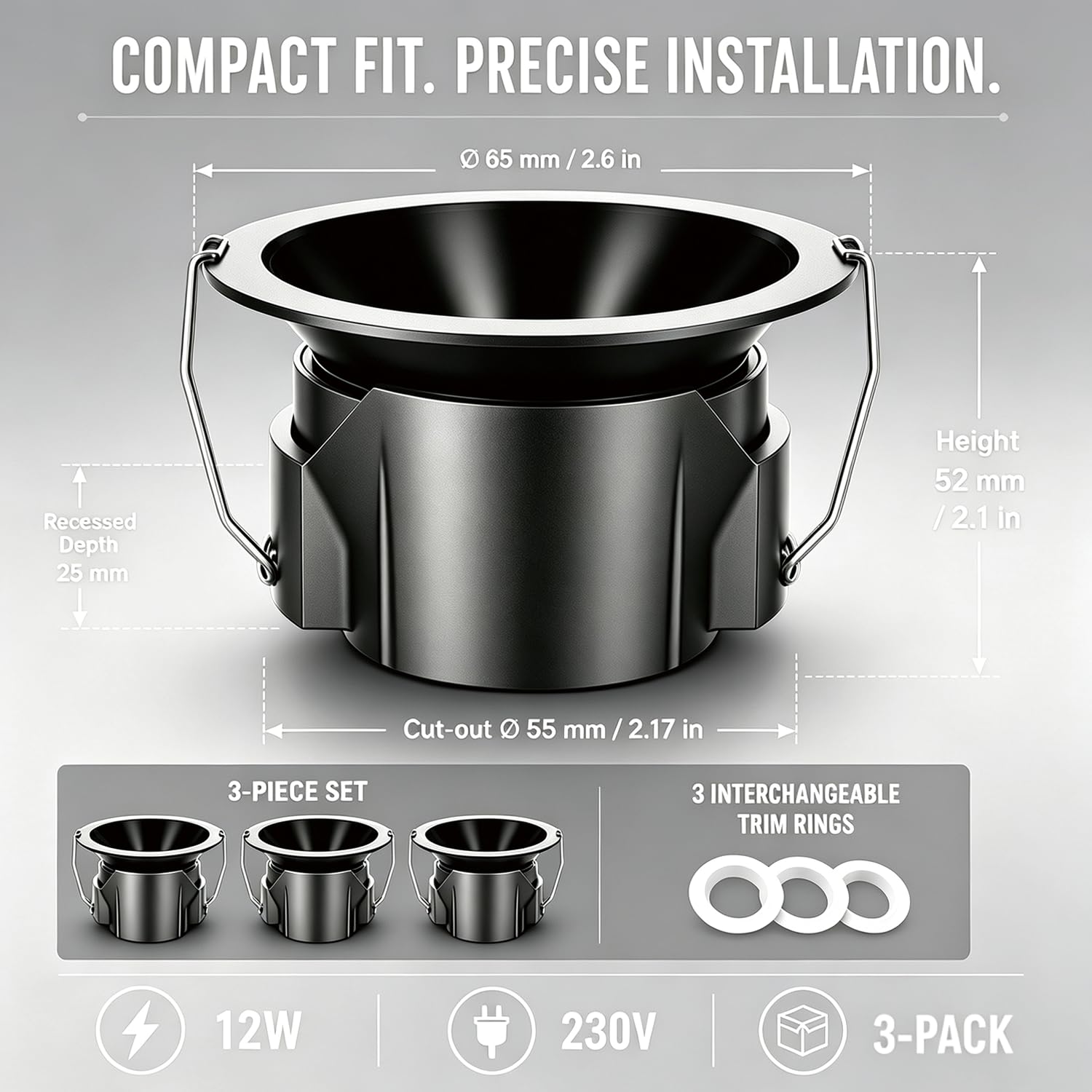 3er Set LED Einbaustrahler, 55 mm Lochmaß, 6 W, IP65, 3000 K