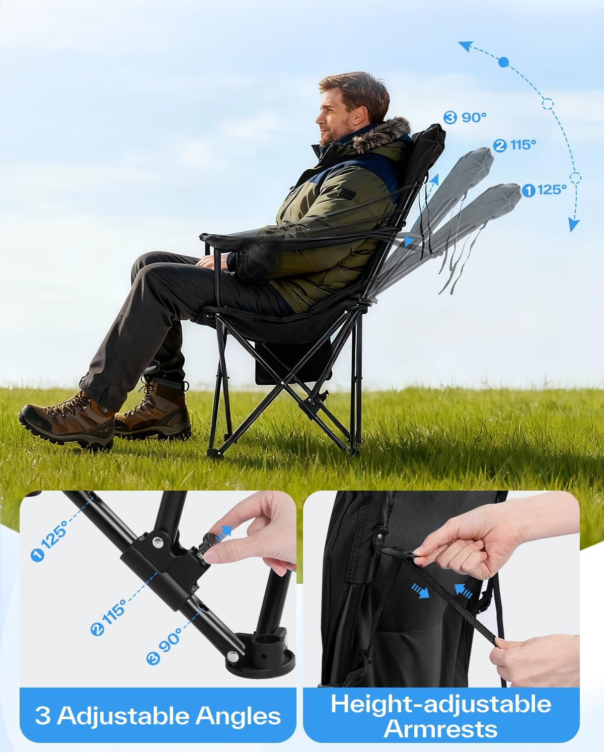 Sportneer Folding Camping Chair: 24'' Extra Wide 3 Adjustable Angle Collapsible Chairs with Cup Holder & Carry Bag - Oversized Heavy Duty Padded Outdoor Chair for Camping Yard Fishing, Support 353lbs