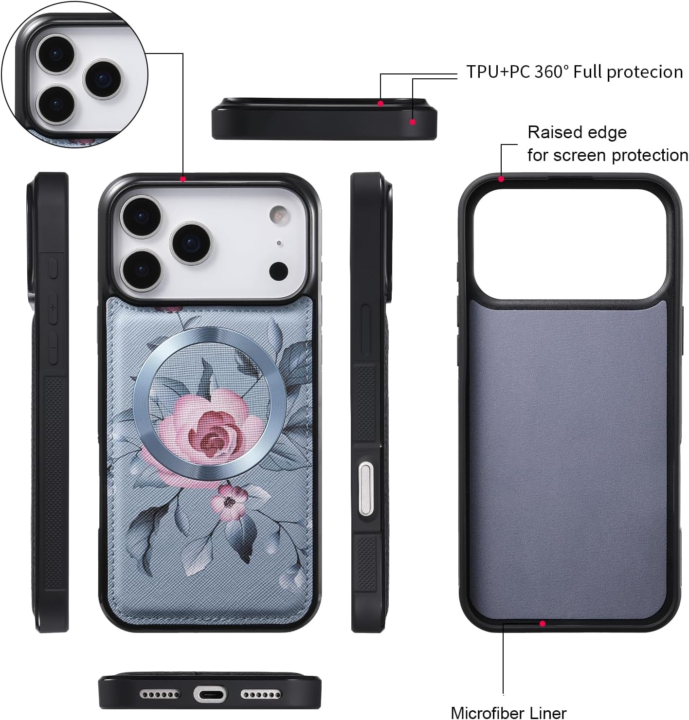 Crossbody Wallet Case for iPhone 17 Pro Max 6.9", Magnetic Detachable Floral PU Leather Phone Case with RFID Blocking Card Holder Wristlet Mirror Flip Zipper Shoulder Purse for Women - Blue - Image 5