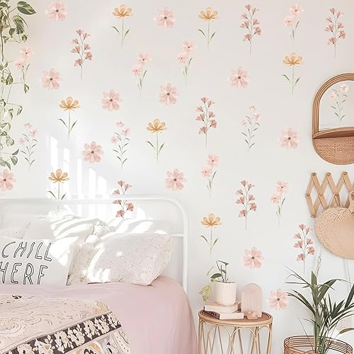 Calcomanías de pared de flores bohemias para dormitorio de niñas, calcomanías de pared extraíbles para habitación de niños, decoración de habitación