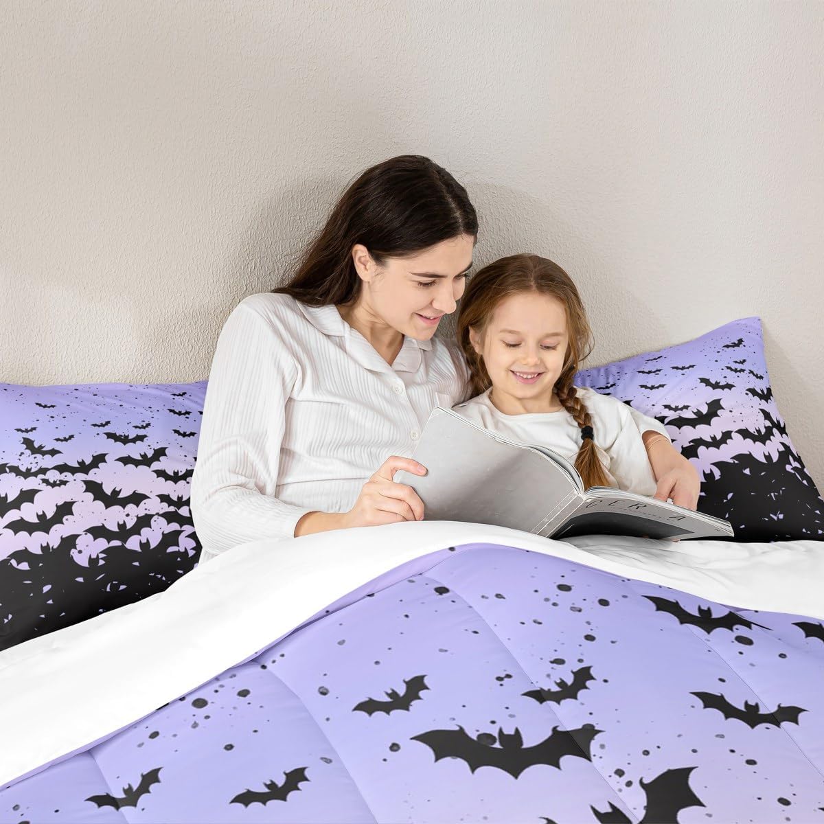 Happy Halloween Kids Comforter Set Twin Size,Black Bats Gothic Chic Bedding Set,Boys Girls Adults Room Decor,Blue Purple Ombre Romantic Down Comforter,Simple Style Duvet Insert,1 Pillowcase