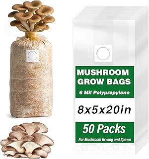 Mushroom Grow Bags, 50 Pack 6 Mil Polypropylene Mushroom Substrate Bags, 8"x5"x20" with Breathable