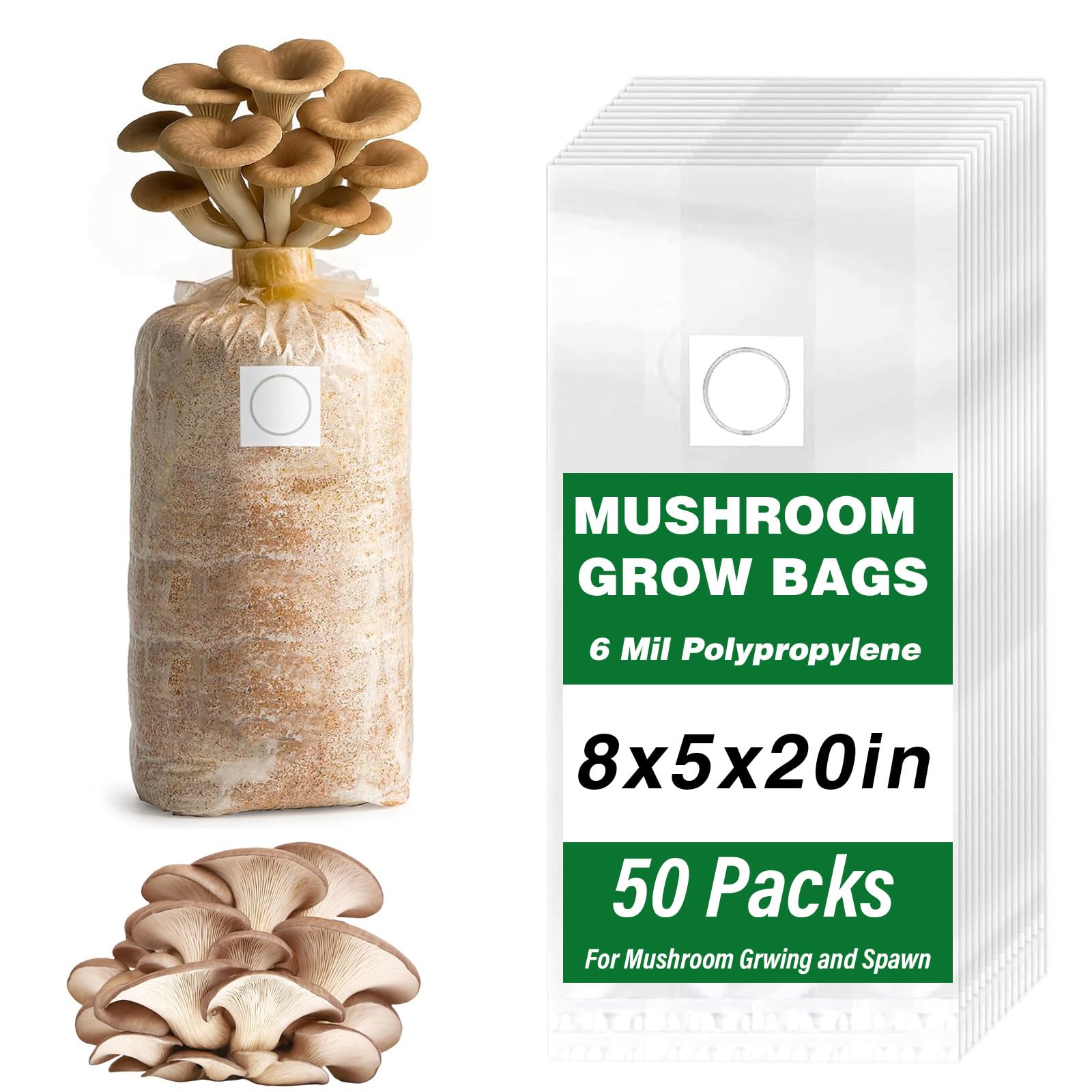 Mushroom Grow Bags, 50 Pack 6 Mil Polypropylene Mushroom Substrate Bags, 8"x5"x20" with Breathable 0.2 Micron Filter Patch, Large Autoclavable Bags for Substrates Strong Tear Resistant 8"x5"x20" 50 Packs