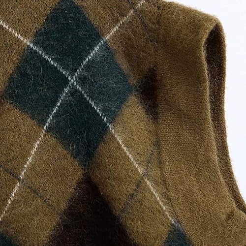 Tjlss Ladies V Neck Diamond Plaid Casual Knit Vest Sweater Ladies Vest Pullover (Color : A, Size : M Code) #TOP5