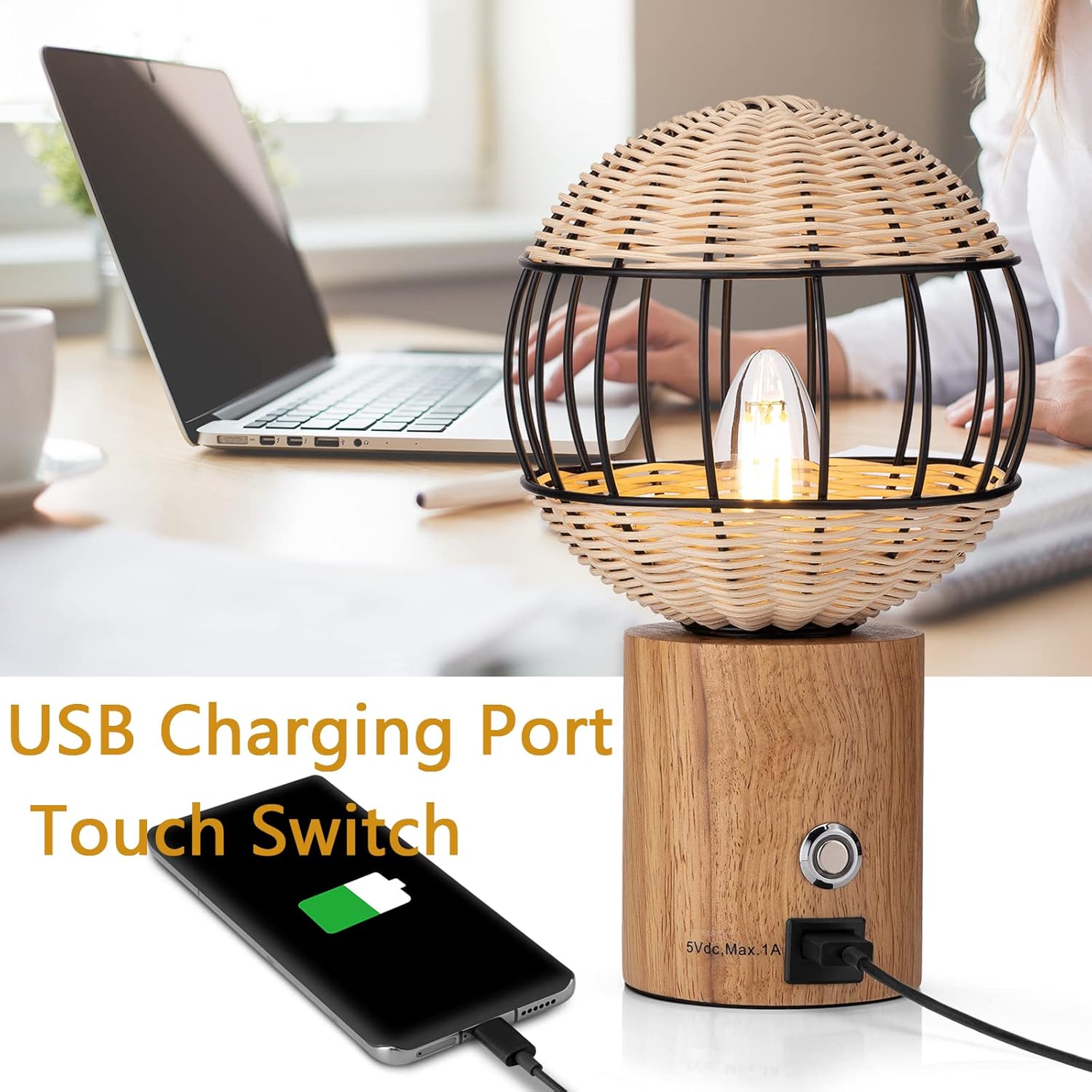 Vintage Touch Control Table Lamp,Wicker Bedside Lamp with USB Port, Small Rattan Woven Nightstand Lamp for Bedroom Charging Boho Lamp with Handmade Woven Shade for Living Room Bedroom Home Office. - - 