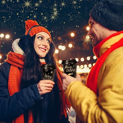 Miniatura 6 de Uiifan Paquete de 50 tazas de café de Navidad de 16 onzas, vasos desechables de copos de nieve negros y dorados, vasos de papel de Feliz Navidad con