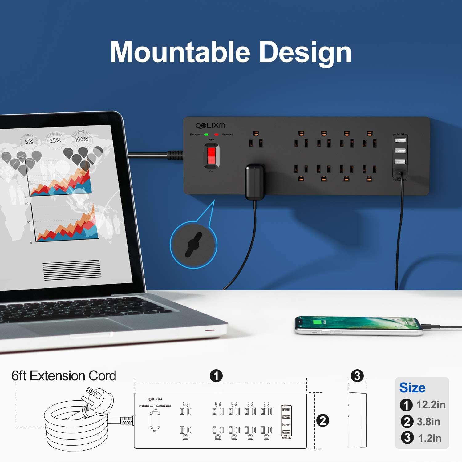 Flash Deals - 60% OFF Power Strip, QOLIXM Surge Protector with 10 AC Outlets & 4 USB Ports (5V/4.2A), 1875W/15A, 6 Feet Long Extension Cord(Black)