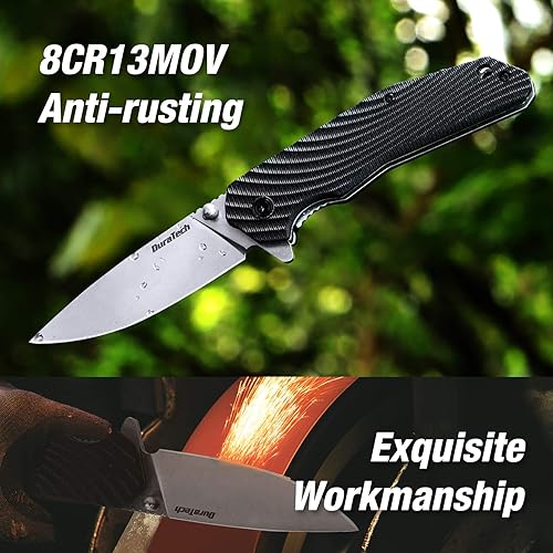 Miniatura 4 de DURATECH Cuchillo de bolsillo plegable, hoja de satén 8CR13MOV de 3-14 pulgadas, mango G10 de grano ondulado negro con cuchillo de bloqueo para EDC