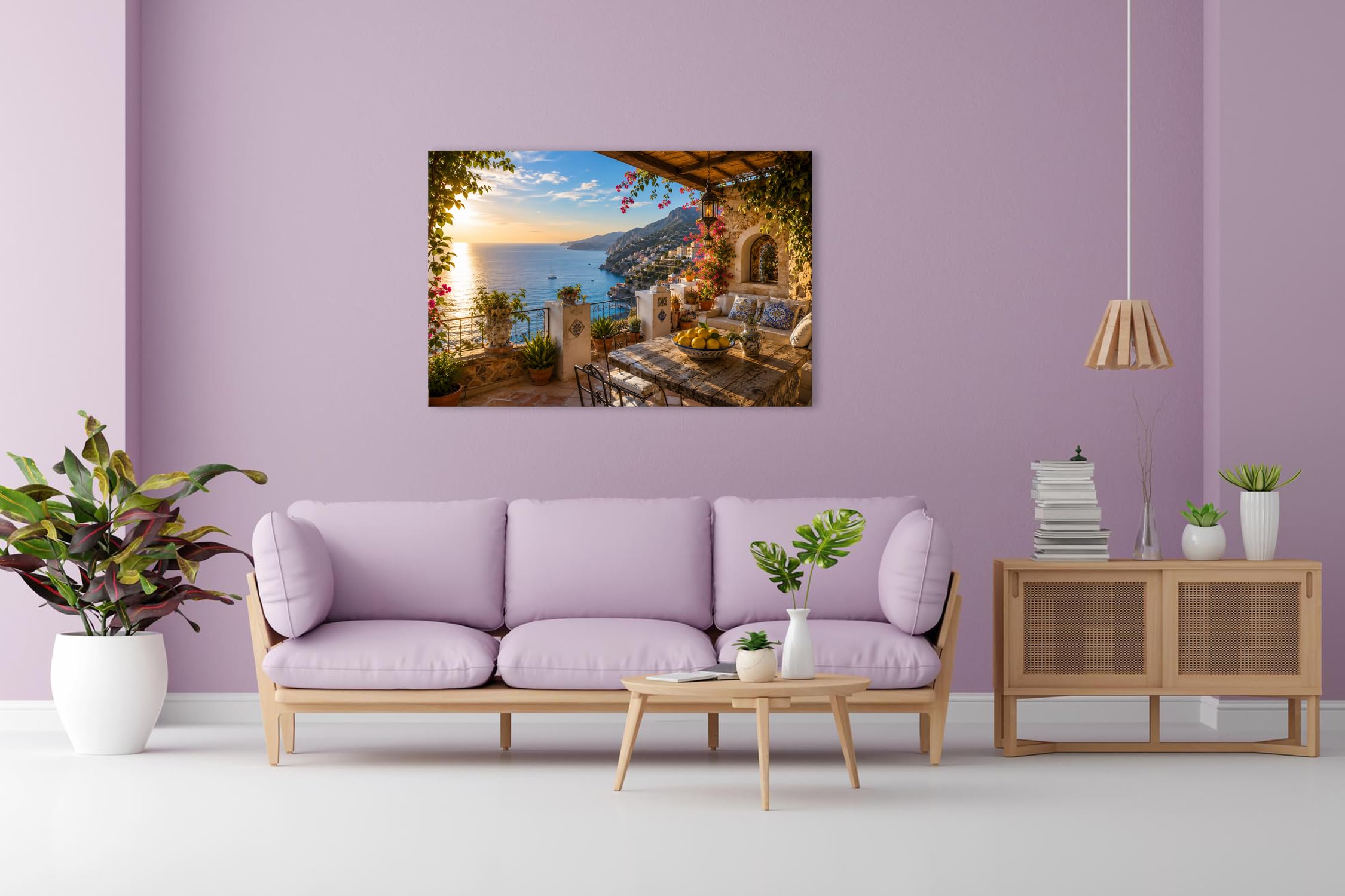 Farbenhorizont Leinwandbild Mediterrane Terrasse mit Meerblick im goldenen Abendlicht Format:90x60cm XXL Wandbild auf Keilrahmen/Kunstdruck/Bild Wohnzimmer Dekoration