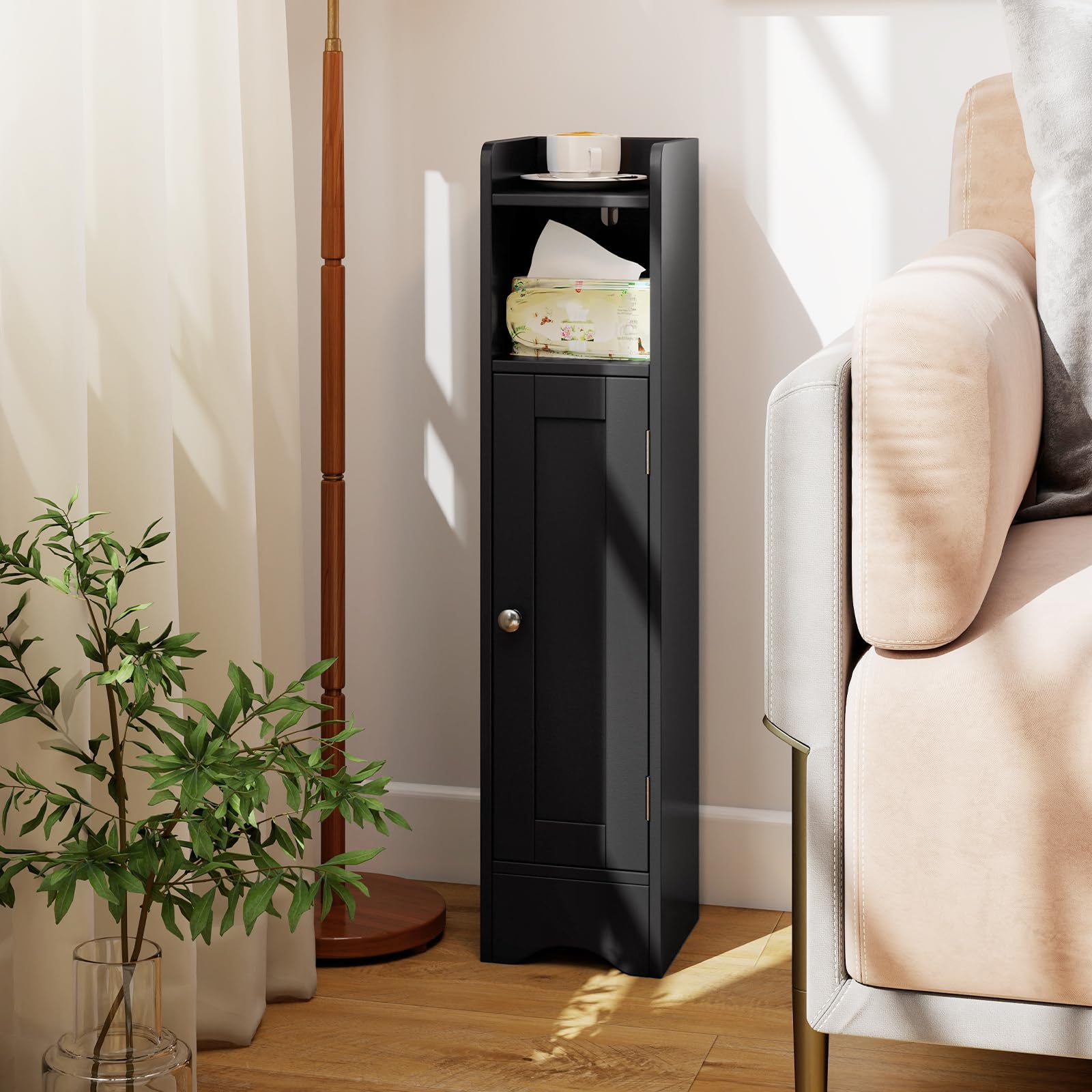 GOPLUS Kleiner Badezimmerschrank, Badschrank schmal mit verstellbaren Regalen und offenem Fach, Aufbewahrungsschrank, Toilettenpapier-Organizer für Flur und Wohnzimmer, 18 x 19,5 x 80 cm (Schwarz)