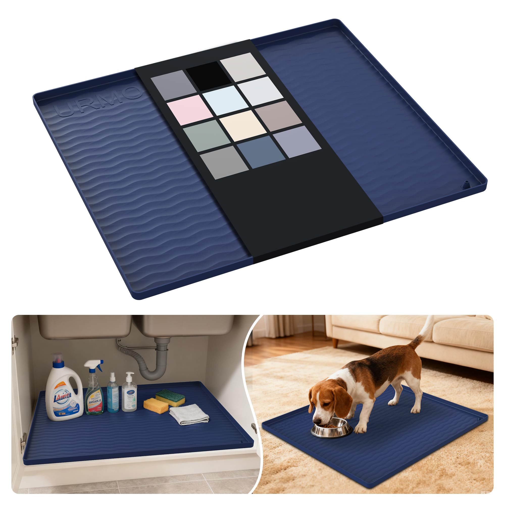 URMONA Waterproof Silicone Under Sink Mat 25'' x 22'' Shelf Liner for Kitchen and Bathroom, Cabinet and Counter Protector, Storage and Organizers, Litter Mat, Pet Cat Puppy Essentials(Navy)