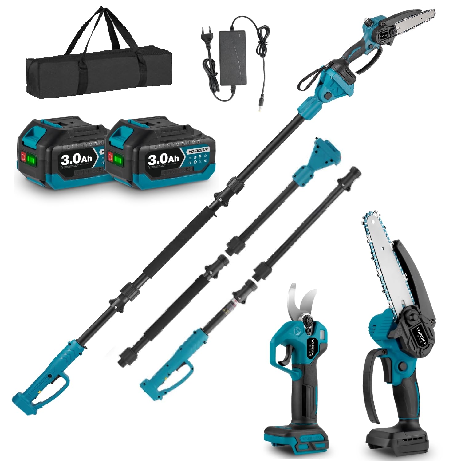 Yofidra 4-IN-1 Akku Hochentaster Kettensäge & Astschere mit Teleskop - Bürstenlos 25mm Baumschere, 6 Zoll Mini Kettensäge, mit 200cm Teleskopstange, 180° Einstellbarer Winkel, 2 x 3.0Ah Akkus, blau