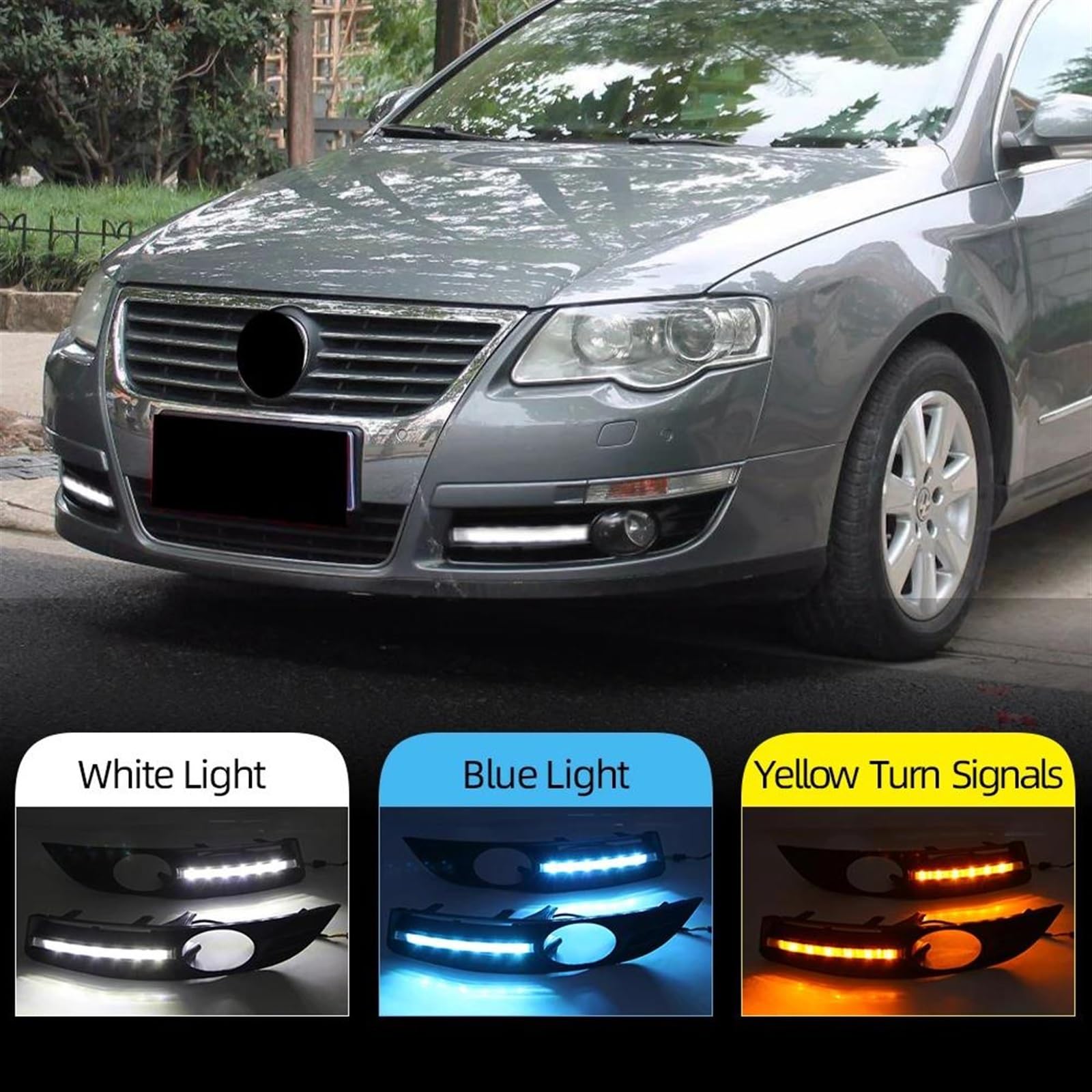 Luci Laterali 1 paio luci auto DRL fendinebbia LED luci marcia diurna con indicatori direzione gialli per VW per Passat B6 2005-2011(White Yellow Blue)