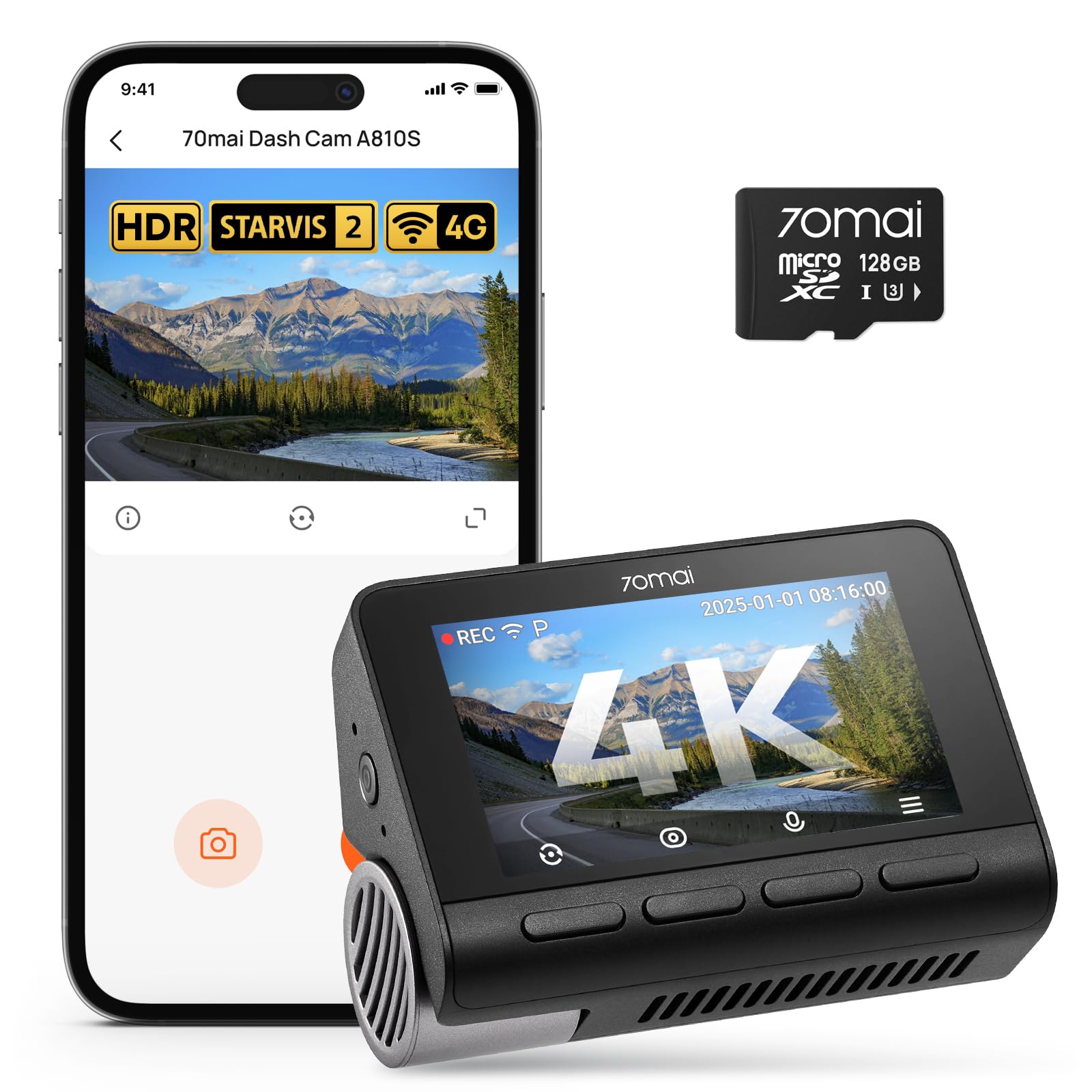 70mai 4K A810S Dashcam Auto Vorne mit STARVIS 2 HDR Nightsicht, cámara automática con Tarjeta de 128GB, vigilancia de estacionamiento 24 Horas, Control de Aplicaciones, Giro de 146°, 4G LTE Opcional