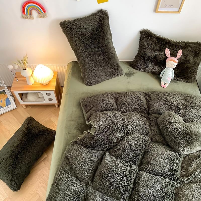 Miniatura 5 de chovy Juego de edredón de felpa de pelo sintético color verde negruzco, tamaño King, ultra suave, lanudo de franela aterciopelada, esponjoso, juego