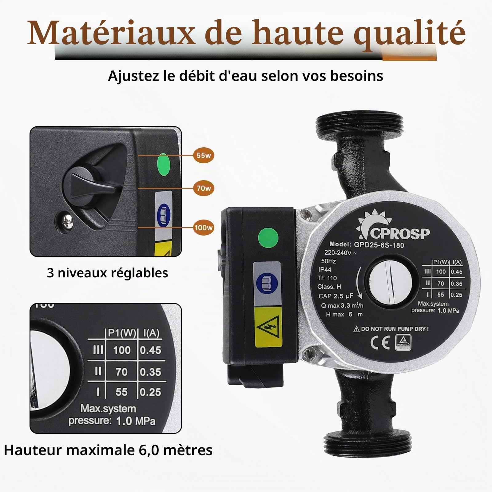 CPROSP Circulateur Chauffage, Pompe de Chauffage à 3 Niveaux (55-70-100 W), Circulateur Eau Chaude Sanitaire 6 Mètres de Hauteur de Refoulement, Pompe Circulation Eau Chaude