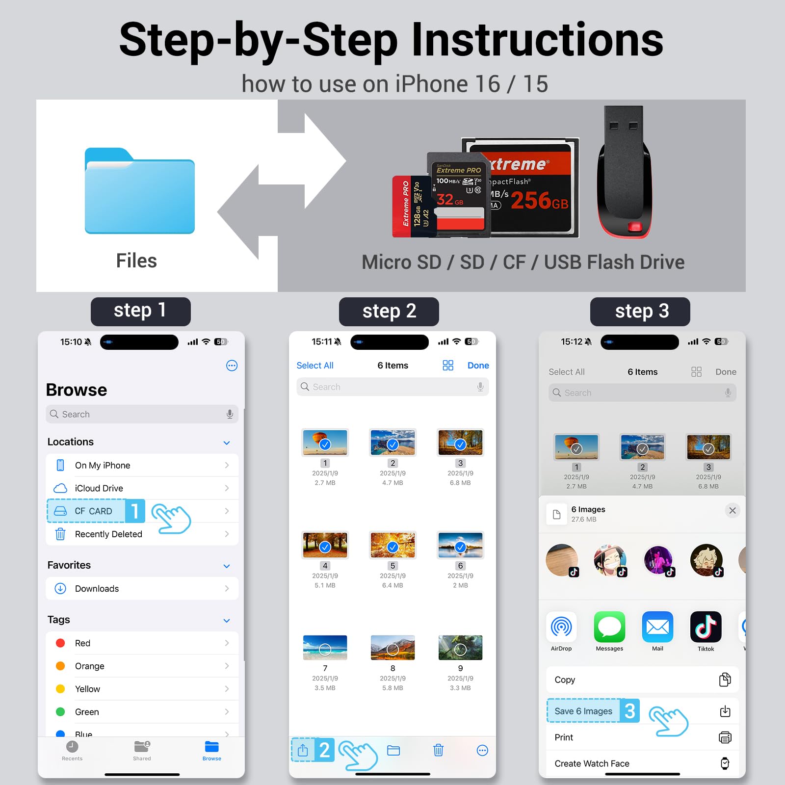 KiWiBiRD Czytnik kart USB C Compact Flash CF, czytnik kart SD Micro SD SDHC typu C do kart pamięci aparatu, kompatybilny z iPhone 17 16 Plus Pro Max MacBook Air Mac iMac, Galaxy S25 S24 Android