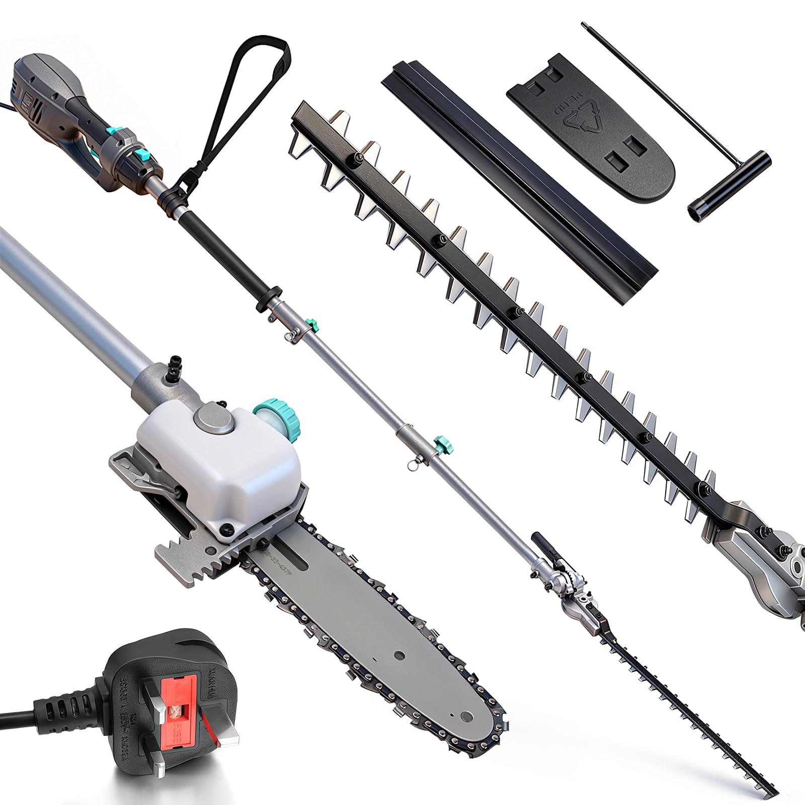 Bluemars Heavy Duty 1010W 2-in-1 Pole Hedge Trimmer & Chainsaw - 2.6m Long Reach Telescopic Extendable Cutter for Hedges, Bushes, Branches, Shrubs & Trees - 10m Cable, Adjustable Head, 8" Chainsaw