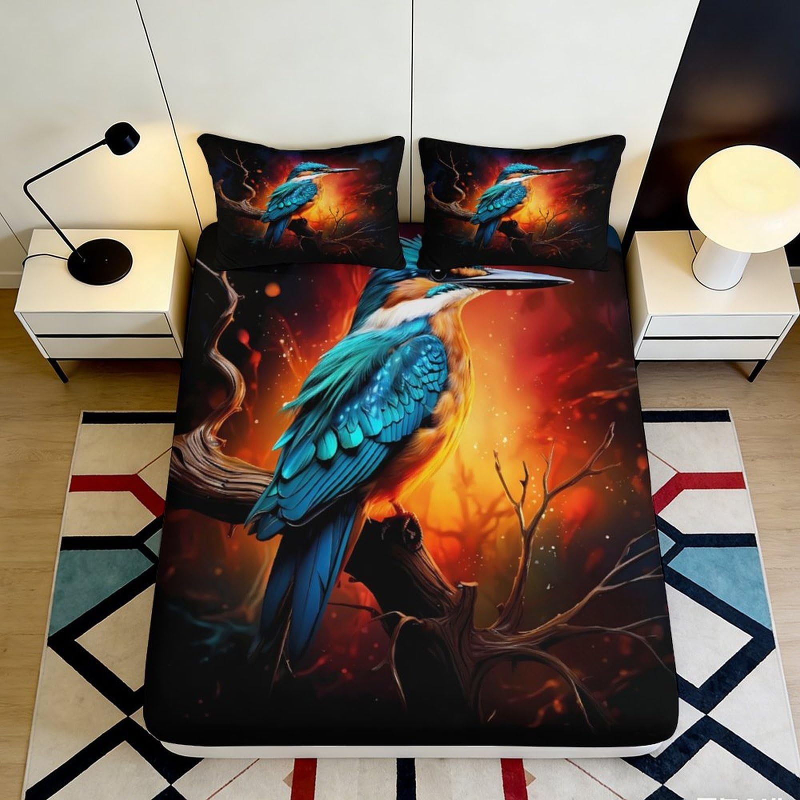 3D Printed Kingfisher Bird Fitted Sheet Microfiber Soft Durable 3D Printed Vibrant Bed Cover for Bedroom Dormitory Guest Room Mattress Protection 120x200x25cm