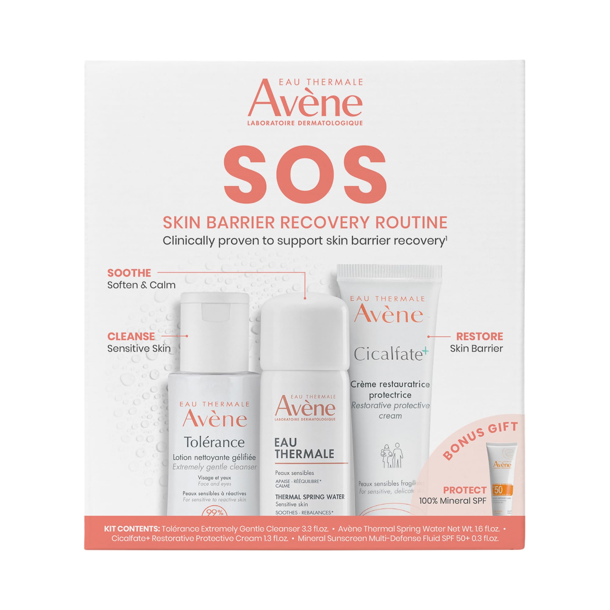 Avène SOS Post-Procedure Recovery System. Optimal post-procedure recovery care kit for compromised, hypersensitive skin.
