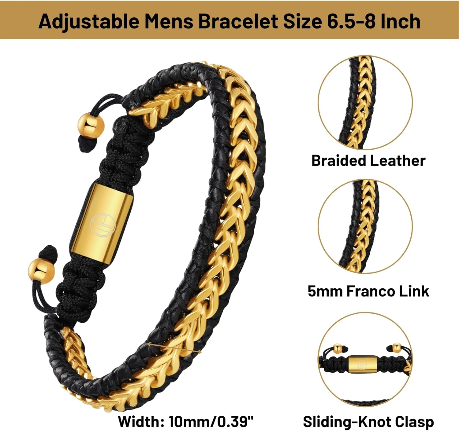 Genuine Leather Bracelets for Men, 18K Gold Plated Franco Stainless Steel Mens Bracelet Handmade Braided Adjustable Men Leather Bracelet Cuff Birthday Gift