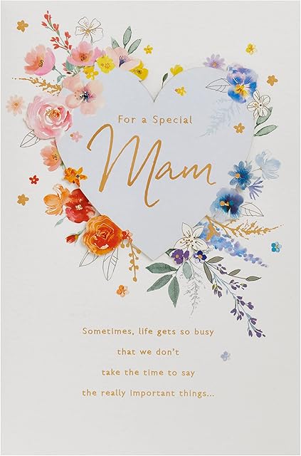 Birthday Card For Mam With Envelope - Cute Design With Heart With Watercolour Florals