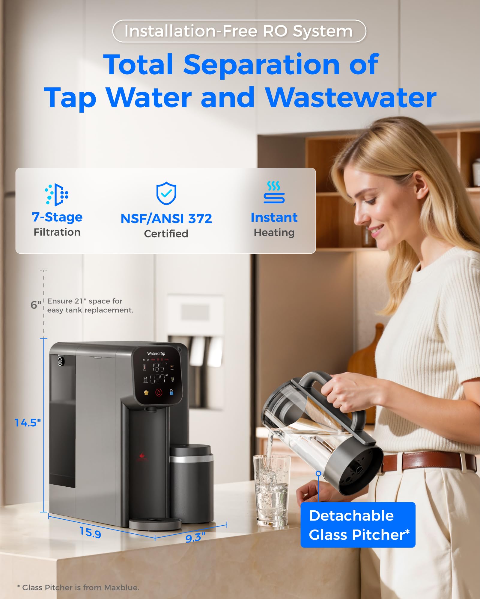 Waterdrop WD-M6H Instant Hot Reverse Osmosis System Countertop Water Filter 7-Stage 3 1 Pure to Drain Hot Water — view 2