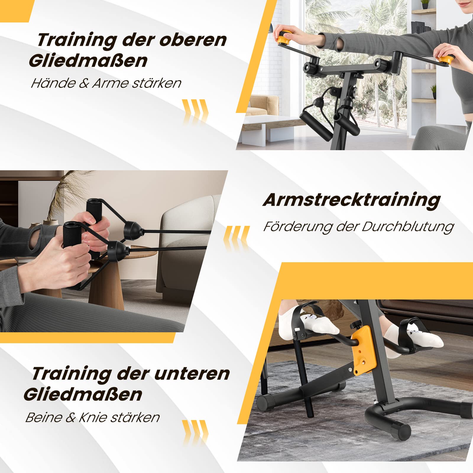 GYMAX Trainingsgerät klappbar, Physiotherapie-Heimtrainer mit verstellbarer Höhe, Handgriff & Widerstand, Ganzkörpertrainer für Hand, Arm, Knie & Beine für Senioren Schwarz + Gelb