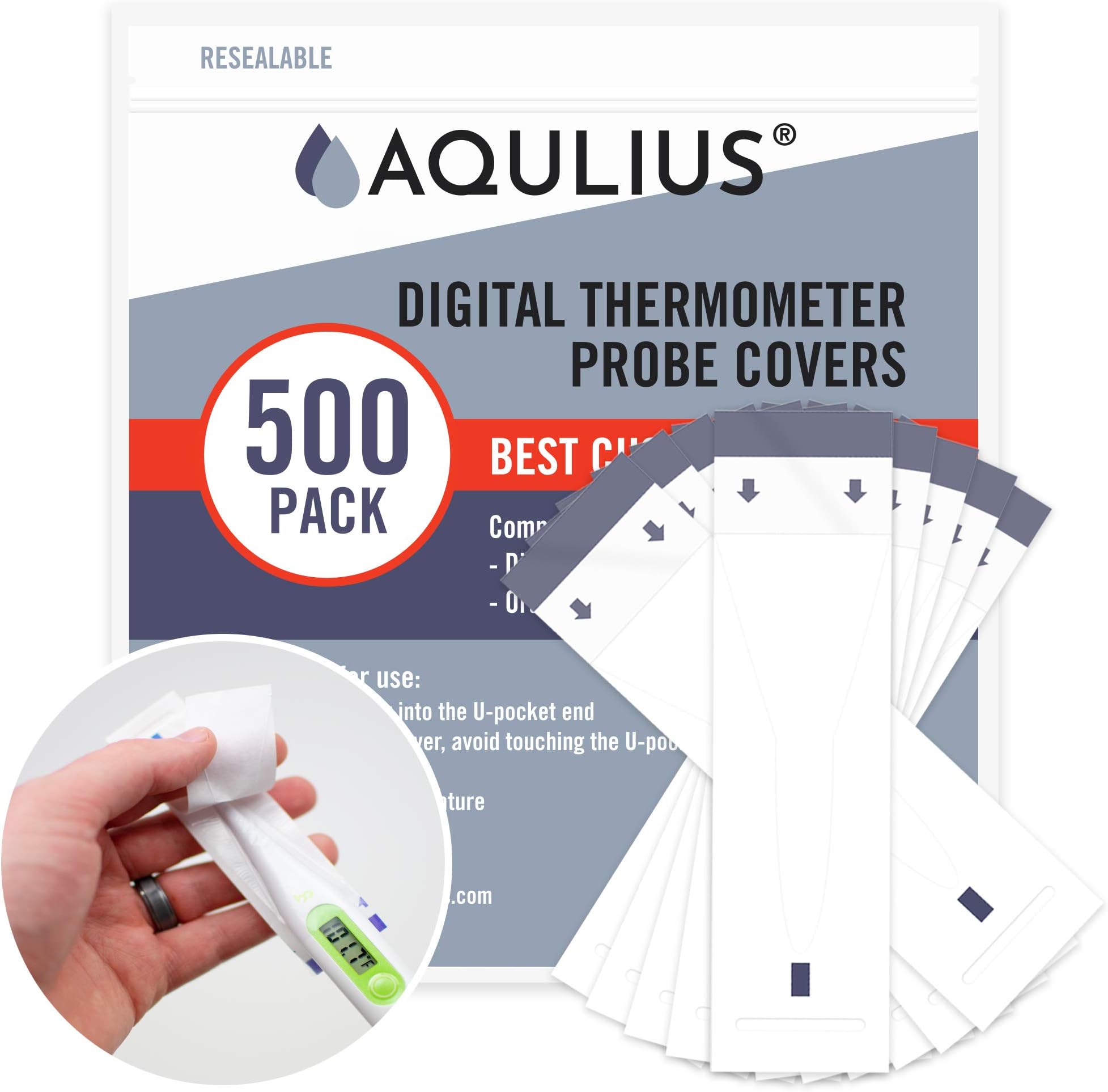 Aqulius Thermometer Covers Disposable - 500 Pack, White Single-Use Sleeves - Universal Fit Oral & Rectal Digital Thermometer Probe Covers