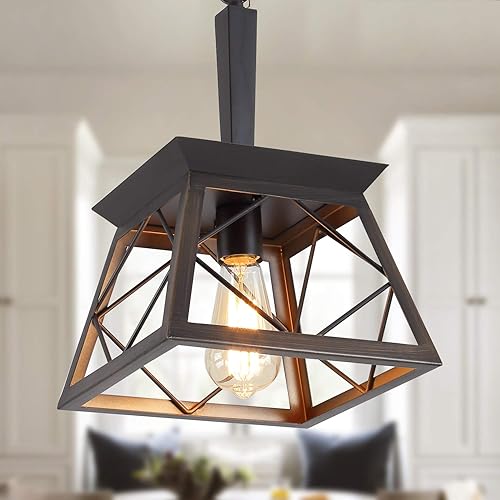 Q&S Farmhouse Pendant Light Fixture,Vintage Pendant Light Chandelier,Industrial Hanging Lighting,Wrought Iron,ORB+Brown,1 Light E26
