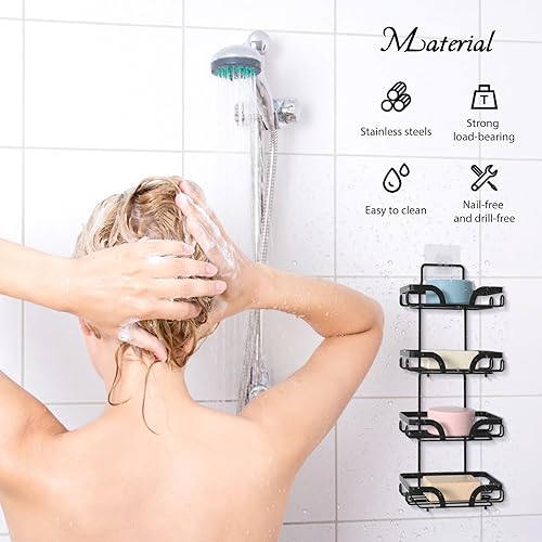Miniatura 4 de Soporte de barra de jabón para pared de ducha, plato de champú de 4 niveles sin taladros con colgador 2 en 1, soporte autodrenante de acero